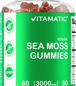 Vitamatic Irish Sea Moss Gummies - 3000 mg - 60 Vegan Gummies - Made with Bladderwrack & Burdock Root - Seamoss Supplement for Thyroid, Energy, Immune Support (60 Gummies (Pack of 1))