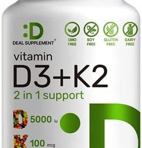DEAL SUPPLEMENT Vitamin D3 K2 Softgel, 180 Counts, 2-1 Complex, Vitamin D3 5000 IU & Vitamin K2 MK7, Promotes Heart, Bone & Teeth Health - Very Easy to Swallow