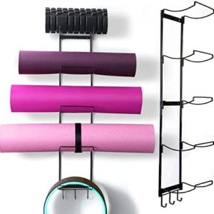 5-Tiers Yoga Mat Holder Wall Mount, Metal Storage Rack for Yoga Mat/Wheels, Foam Roller and Block etcs, Wall Rack Organizer with 3-Hooks for Hanging Stretching Strap & Resistance Bands, Yoga Room/Home Gym Decor