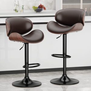 Aowos Adjustable Swivel Bar Stools Set of 2, Mid-Century Modern PU Leather Upholstered Counter Height Bar Stool, Kitchen Island Barstools with Back Brown
