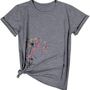 Women Summer Tops Casual Short Sleeve Daisy Dandelion Butterfly Graphic T Shirts Loose Pullover Tees