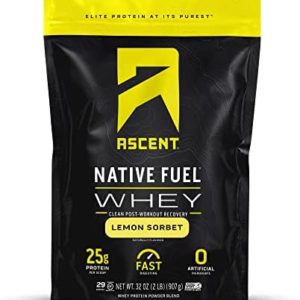 Ascent Native Fuel Whey Protein Powder - Post Workout Whey Protein Isolate, Zero Artificial Ingredients, Soy & Gluten Free, 5.7g BCAA, 2.7g Leucine, Essential Amino Acids, Lemon Sorbet 2 lb