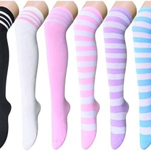 sockfun 6 Pairs Women's Striped Knee High Socks,Thigh High Socks, Striped Stockings, Cute Long Socks
