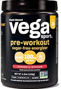 Vega Sport Sugar Free Pre-Workout Energizer Strawberry Lemonade (35 Servings) Pre Workout Powder for Women and Men, Supports Energy and Focus, Electrolytes, Vegan, Keto, Gluten Free Non GMO, 4.3oz