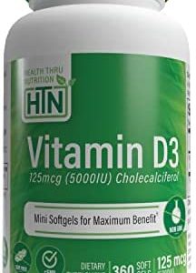 Health Thru Nutrition Vitamin D3 5,000iu 125mcg Cholecalciferol | Mini Softgels for Maximum Benefit | 3rd Party Tested | Non-GMO USP Grade in Organic EVOO | Immune Health Support (Pack of 360)