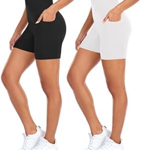 we fleece 2 Pack Biker Shorts with Pockets for Women-5" Soft Workout High Waist Tummy Control Running Yoga Spandex Shorts