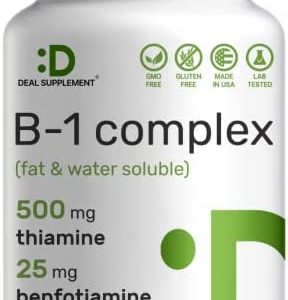Vitamin B1 500mg with Benfotiamine, 180 Capsules, 2 in 1 Enhanced Formula, Fat & Water Soluble Thiamine B1 Supplement, Third Party Tested | Non-GMO, No Gluten
