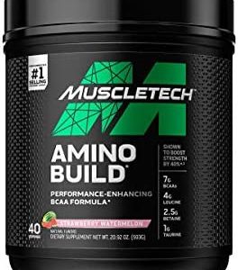 BCAA Amino Acids + Electrolyte Powder | MuscleTech Amino Build | 7g of BCAAs + Electrolytes | Support Muscle Recovery, Build Lean Muscle & Boost Endurance | Strawberry Watermelon (40 Servings)
