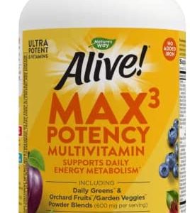 Nature's Way Alive! Max3 Potency Multivitamin, High Potency B-Vitamins, No Iron, 180 Tablets