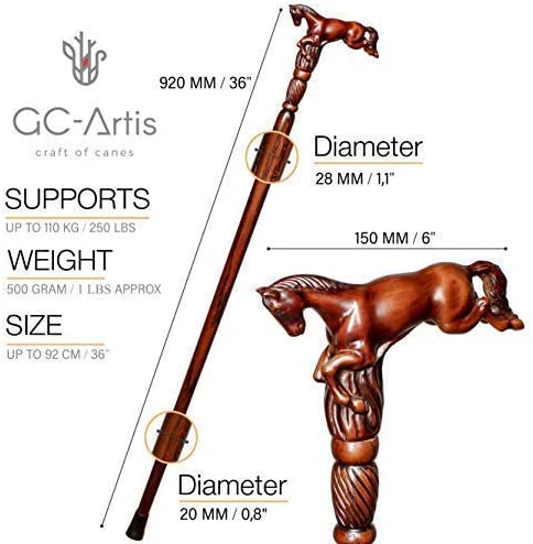 GC-Artis Horse Wood Carved Walking Stick Handle Wooden Walking Cane for Men Women Gentleman 36” - Image 3