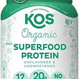 KOS Plant Based Protein Powder, No Erythritol, Unflavored & Unsweetened - USDA Organic Pea Protein Blend, Superfood with Vitamins & Minerals - Dairy Free, Meal Replacement for Women & Men, 20 Servings