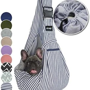 NATUYA Pet Dog Sling Carrier - Dog Sling with Net Bag for Carrier Dogs Cats-Hands Free Pet Bag-Buckle net Pocket pet Bag (Blue Strips)