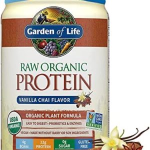 Garden of Life Raw Organic Protein Vanilla Chai Powder, 20 Servings, Certified Vegan, Gluten Free, Organic & Non-GMO, Plant Based Sugar Free Protein Shake, Probiotics & Enzymes, 4g BCAAs, 22g Protein