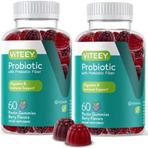 Probiotics Plus Prebiotics Fiber Gummies, Extra Strength 2 Billion CFUs for Immune Support and Digestive Support, Dualbiotic Vegan and Pectin Chewable Gummy, for Men Woman Teens & Kids, Berry Flavor