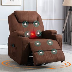 QKFF Swivel Rocker Recliner Chair with Massage and Heat, 360 Degree Swivel Nursery Rocking Manual Recliners, Overstuffed Fabric Single Sofa Reclining Chair with 2 Cup Holders 4 Pockets for Living Room