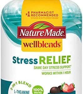 Nature Made Wellblends Stress Relief Gummies, L-theanine to help reduce stress, with GABA, Same Day Stress Support, 40 Strawberry Flavor Gummies