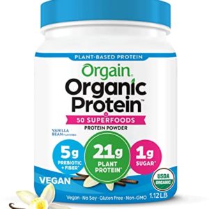 Orgain Organic Protein + Superfoods Powder, Vanilla Bean - 21g of Protein, Vegan, Plant Based, 5g of Fiber, No Dairy, Gluten, Soy or Added Sugar, Non-GMO, 1.12lb