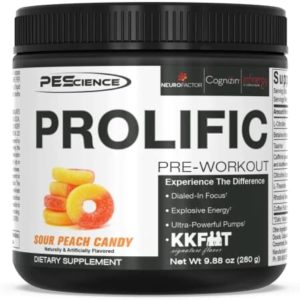 PEScience Prolific Pre Workout Powder, Sour Peach Candy, 40 Scoop, Energy Supplement with Nitric Oxide, KK Fit Signature Flavor