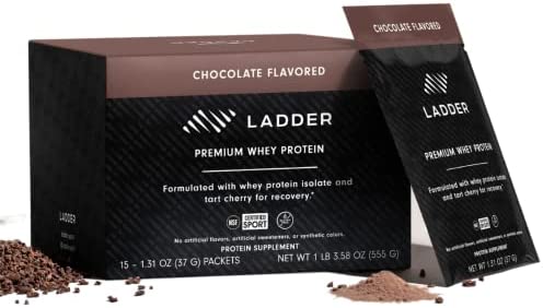 LADDER Grass Fed Whey Protein Powder Packets, 26g Protein for Muscle Gain, 7g BCAAs, 14g EAAs, No Artificial Sweeteners, NSF Certified (Chocolate, Pack of 15)