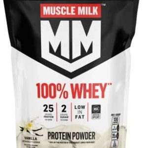 Muscle Milk 100% Whey Protein Powder, Vanilla, 5 Pound, 68 Servings, 25g Protein, 2g Sugar, Low in Fat, NSF Certified for Sport, Energizing Snack, Workout Recovery, Packaging May Vary