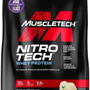 Whey Protein Powder | MuscleTech Nitro-Tech Whey Protein Isolate & Peptides | Protein + Creatine for Muscle Gain | Muscle Builder for Men & Women | Sports Nutrition | Vanilla, 10 lb (100 Servings)