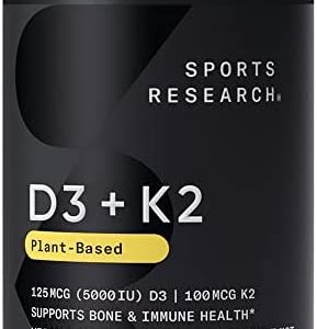 Sports Research Vitamin D3 + K2 with 5000iu of Plant-Based D3 & 100mcg of Vitamin K2 as MK-7 | Non-GMO Verified & Vegan Certified (120ct)