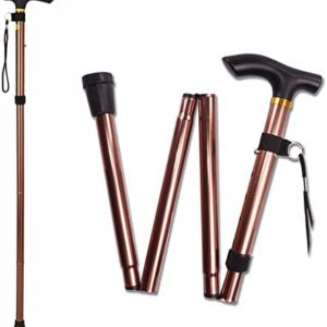 Golkur Walking Cane for Men Walking Stick for Women Foldable, Adjustable, Lightweight Aluminum Collapsible Seniors Elderly Crutches T Handles Daily Living Aid Balancing Mobility Aid Brown