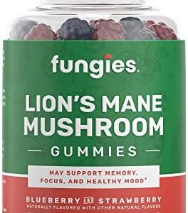 Fungies Lion's Mane Mushroom Brain Health Gummies - Promotes Focus, Memory, and Mood - 60 Count (Natural Blueberry and Strawberry Flavor, Gelatin-Free, Gluten-Free, Non-GMO, Vegan)
