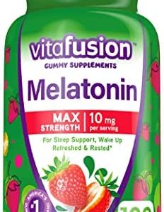 Vitafusion Max Strength Melatonin Gummy Supplements, Strawberry Flavored, 10 mg Melatonin Sleep Supplements, America’s Number 1 Gummy Vitamin Brand, 50 Day Supply, 100 Count