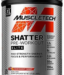 Pre Workout for Men & Women | MuscleTech Shatter Elite Pre-Workout | Preworkout Energy Powder | 8 Hr Nitric Oxide Booster + Beta Alanine | Focus + Strength | 350mg Caffeine | Sour Burst Candy, 25 Serv