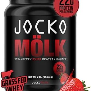 Jocko Mölk Whey Protein Powder (Strawberry) - Keto, Probiotics, Grass Fed, Digestive Enzymes, Amino Acids, Sugar Free Monk Fruit Blend - Supports Muscle Recovery and Growth - 31 Servings