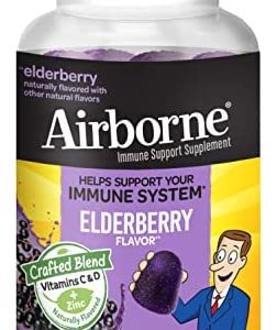 Airborne Elderberry + Zinc & Vitamin C Gummies For Adults, Immune Support Vitamin D & Zinc Gummies with Powerful Antioxidant Vitamins C D & E - 130 Gummies, Elderberry Flavor