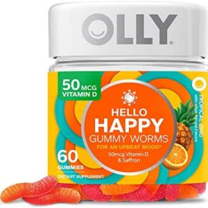 OLLY Hello Happy Gummy Worms, Mood Balance Support, Vitamin D, Saffron, Adult Chewable Supplement, Tropical Zing - 60 Count