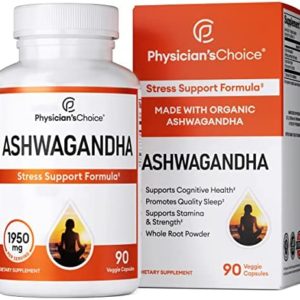 Physician's CHOICE Organic Ashwagandha 1950mg w/Black Pepper Extract for Enhanced Absorption - Stress Support - Mood Support - Wellbeing Supplement, 90 Veggie Ashwagandha Root Powder Capsules