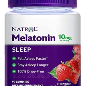 Natrol Melatonin Sleep Aid Gummy, Fall Asleep Faster, Stay Asleep Longer, 2 Gummies Per Serving, Drug Free and Gelatin Free, 10mg, 90 Strawberry Flavored Gummies