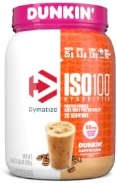 Dymatize ISO100 Hydrolyzed 100% Whey Isolate Protein Powder in Dunkin' Cappuccino Flavor, 25g Protein, 95mg Caffeine, 5.5g BCAAs, Gluten Free, Fast Absorbing, Easy Digesting, 21.5 Oz