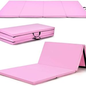 GYMAX Folding Gymnastics Mat, 8' x 4' x 2" Thick Exercise Mat with Carry Handles & Waterproof Detachable PU Leather Cover, Lightweight Tumbling Mat for Yoga Stretching Aerobics Home Gym Fitness