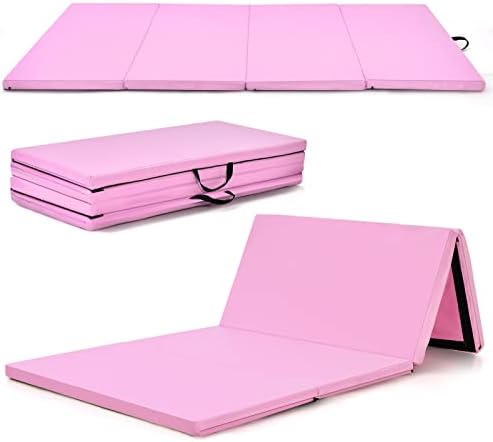 GYMAX Folding Gymnastics Mat, 8' x 4' x 2" Thick Exercise Mat with Carry Handles & Waterproof Detachable PU Leather Cover, Lightweight Tumbling Mat for Yoga Stretching Aerobics Home Gym Fitness