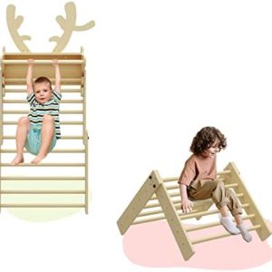 Benarita Wooden Swedish Ladder Wall Climbing Frame for Kids, Durable and Large Capacity Gymnastic Playset with Antler Decoration, Multi-Functional Indoor Playground for Boys Girls Adults