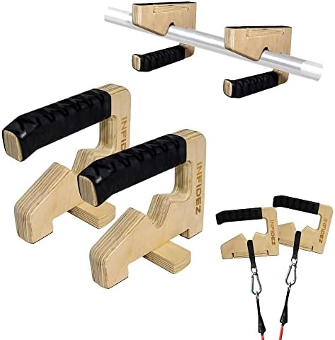 INFIDEZ 3-in-1 Wooden Pull Up and Push Up Handles, Resistance Band Handles, Non-slip Push Up Handles for Floor with Stable Base, Handstand Bars, Calisthenics Equipment for Indoor and Outdoor Workout