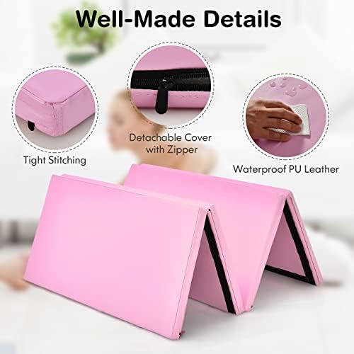 GYMAX Folding Gymnastics Mat, 8' x 4' x 2" Thick Exercise Mat with Carry Handles & Waterproof Detachable PU Leather Cover, Lightweight Tumbling Mat for Yoga Stretching Aerobics Home Gym Fitness - Image 3