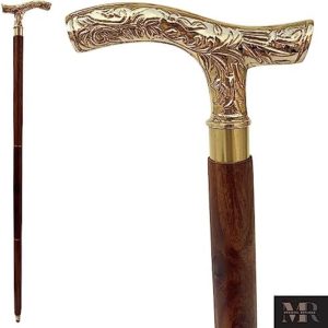 Medieval Replicas Walking Stick - Men Derby Canes and Wooden Walking Stick for Men and Women - 37" Brown Ebony Brass T Shape Handle in Golden Tone Natural Wood Unisex Cane ECTORIA
