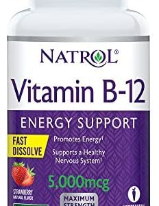 Natrol Vitamin B12 Fast Dissolve Tablets, Promotes Energy, Supports a Healthy Nervous System, Maximum Strength, Strawberry Flavor, 5,000mcg, 100 Count