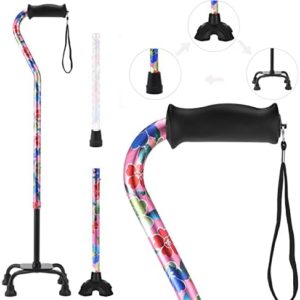 Quad Cane YOKABOZE Adjustable Walking Cane with 4-Pronged Base for Extra Stability Silicone Handle and Replaceable Lightweight Aluminum Walking Stick for Men or Women