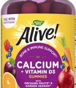 Nature's Way Alive! Premium Calcium + D3 Gummies, Supports Healthy Bones & Muscles*, Strawberry and Raspberry Lemonade Flavored, 60 Gummies