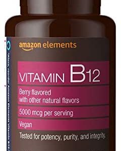 Amazon Elements Vitamin B12 Methylcobalamin 5000 mcg - Normal Energy Production and Metabolism, Immune System Support - 2 Month Supply, Berry Flavored Lozenges, 65 Count
