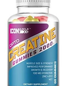 Icon Muscle Opto Creatine Gummies 2000 | Creatine Monohydrate | Muscle Growth & Strength | Hydration Formula | Zinc | B12 | Workout Recovery | 2000 mg of Creatine per Serving
