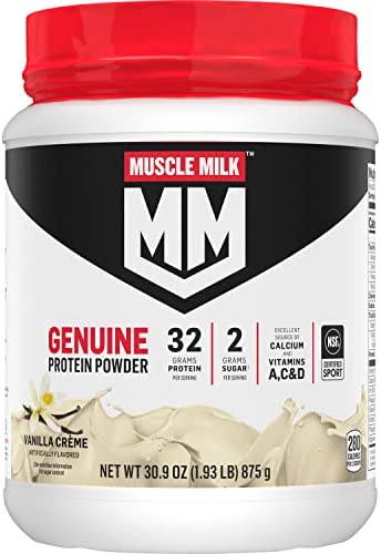 Muscle Milk Genuine Protein Powder, Vanilla Crème, 1.93 Pounds, 12 Servings, 32g Protein, 2g Sugar, Calcium, Vitamins A, C & D, NSF Certified for Sport, Energizing Snack, Packaging May Vary
