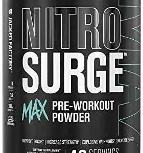 Jacked Factory Nitrosurge Max High Stim Pre Workout Powder - Premium High Caffeine Pre Workout w Nootropic Ingredients for Intense Energy, Clear Focus, Endurance - 40 Servings, Watermelon Rocket