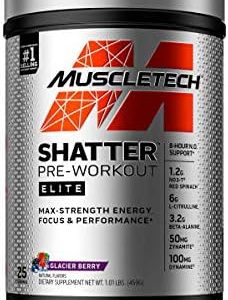 Pre Workout for Men & Women | MuscleTech Shatter Elite Pre-Workout | Preworkout Energy Powder | 8 Hour Nitric Oxide Booster + Beta Alanine | Focus + Strength | 350mg Caffeine | Glacier Berry, 25 Serv